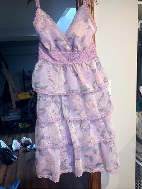 Lavender Floral Tiered Lace-Trim Casual Dress